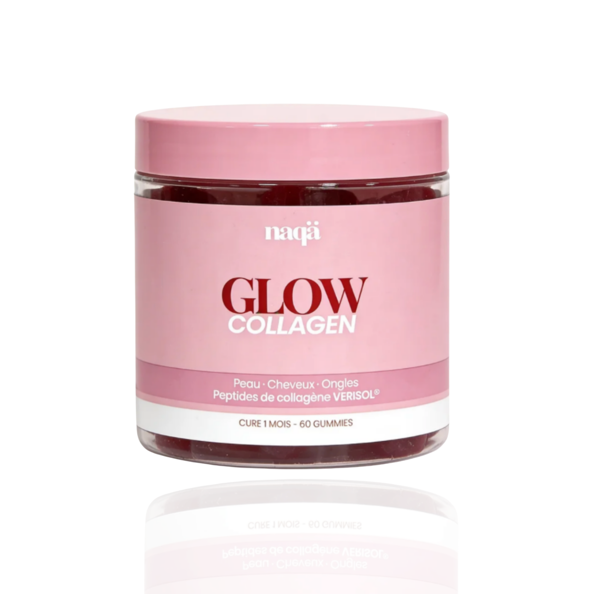 Pot rose de gummies GLOW Collagen naqä — peptides de collagène Verisol, cure 1 mois, 60 gummies