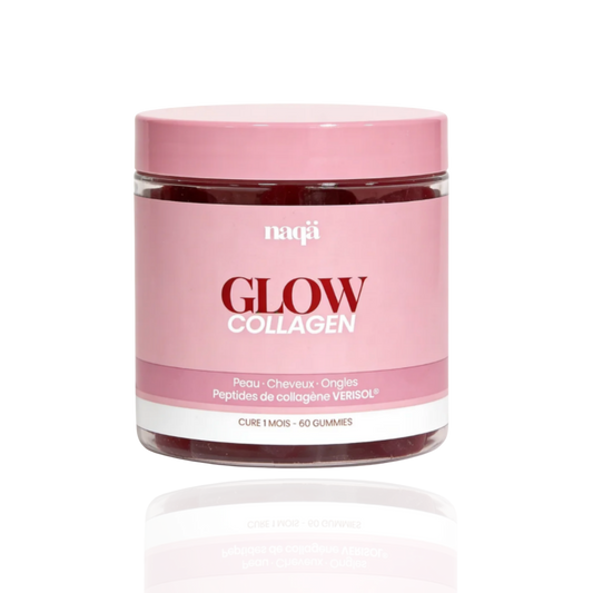 Pot rose de gummies GLOW Collagen naqä — peptides de collagène Verisol, cure 1 mois, 60 gummies