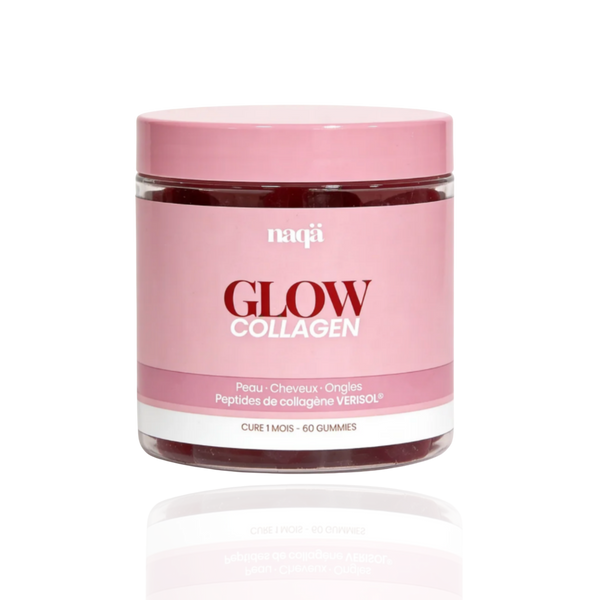 Pot rose de gummies GLOW Collagen naqä — peptides de collagène Verisol, cure 1 mois, 60 gummies