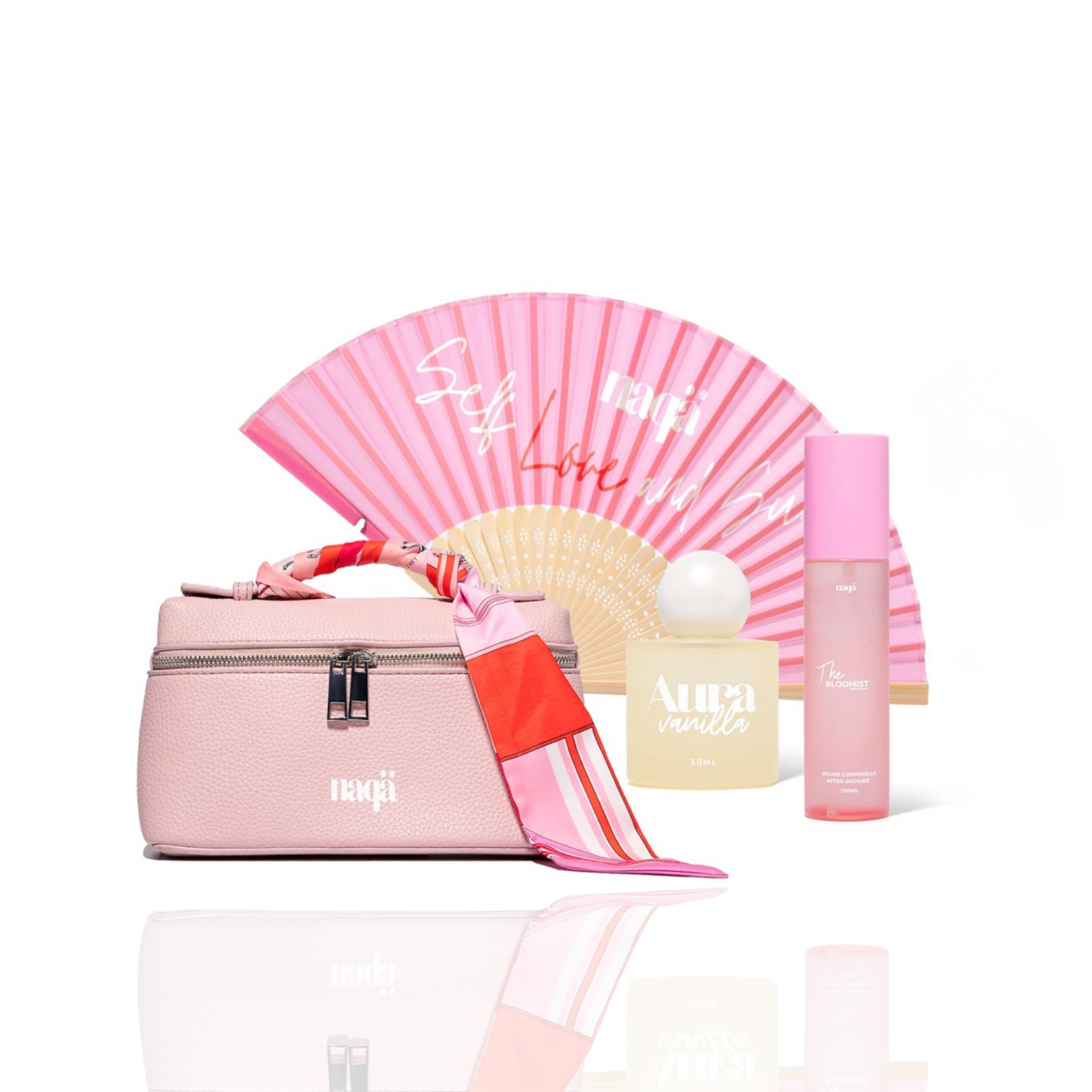 Coffret La Dolce Vita naqä : Bloomy Bag, éventail rose, parfum Aura Vanilla, brume The Bloomist et foulard