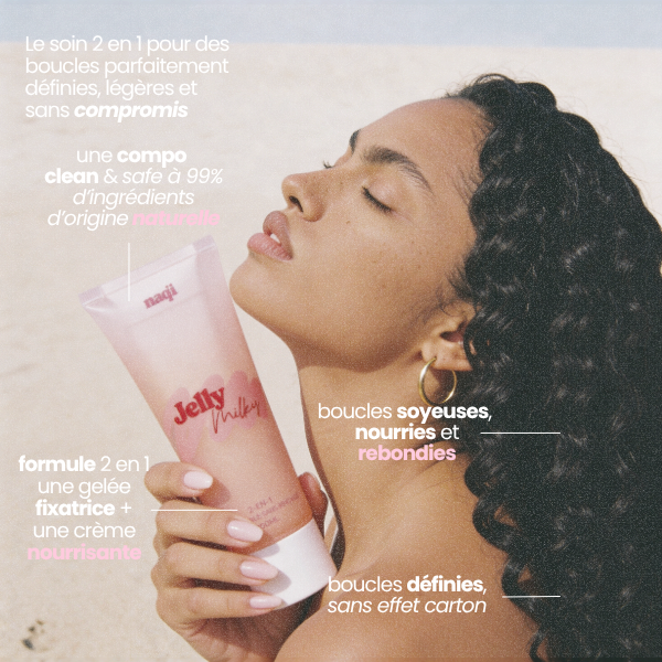 Infographie du soin Jelly Milky : femme de profil tenant le tube rose du soin 2-en-1 sans rinçage