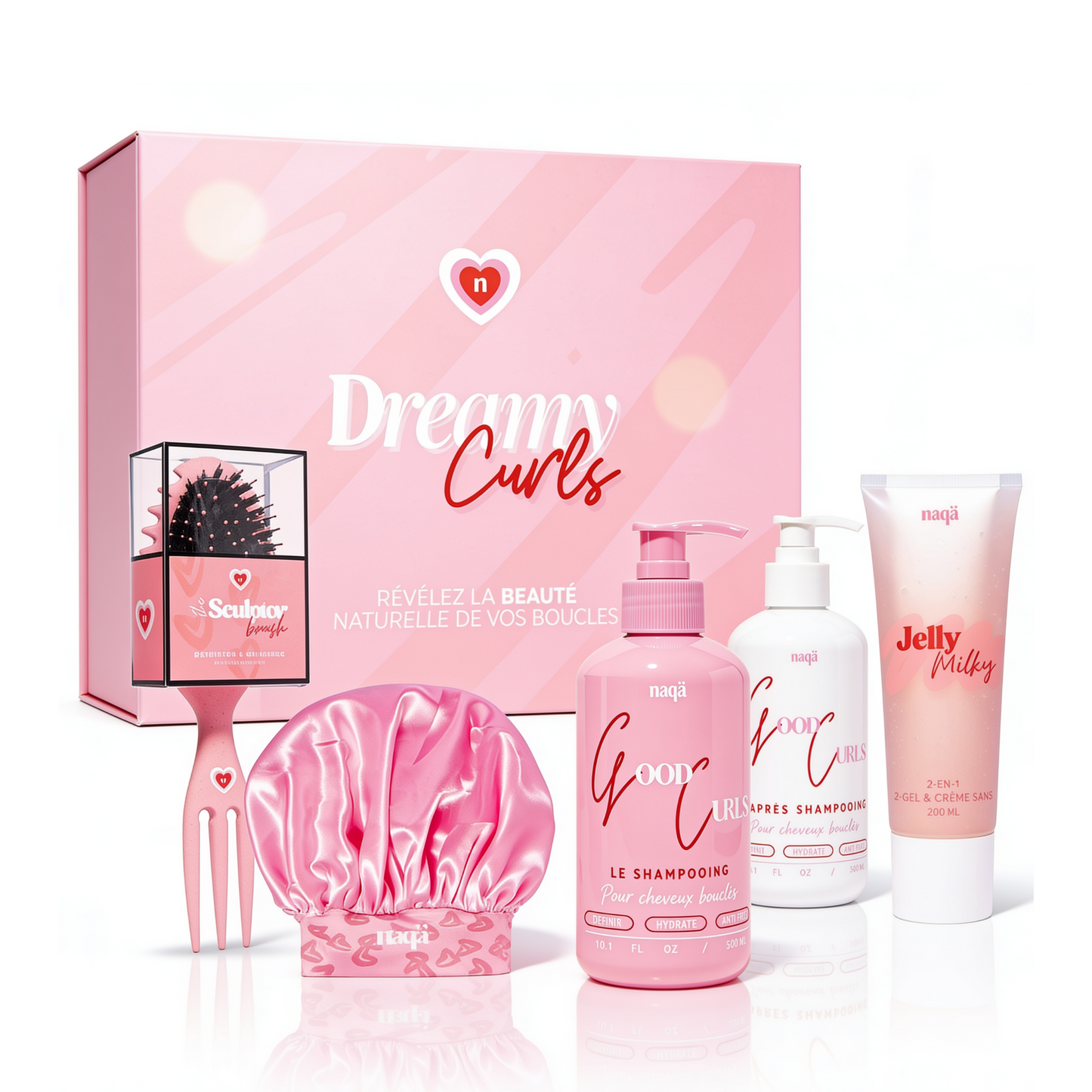 Coffret Dreamy Curls naqä : brosse Sculptor, bonnet en satin, shampooing et après-shampooing Good Curls, soin Jelly Milky