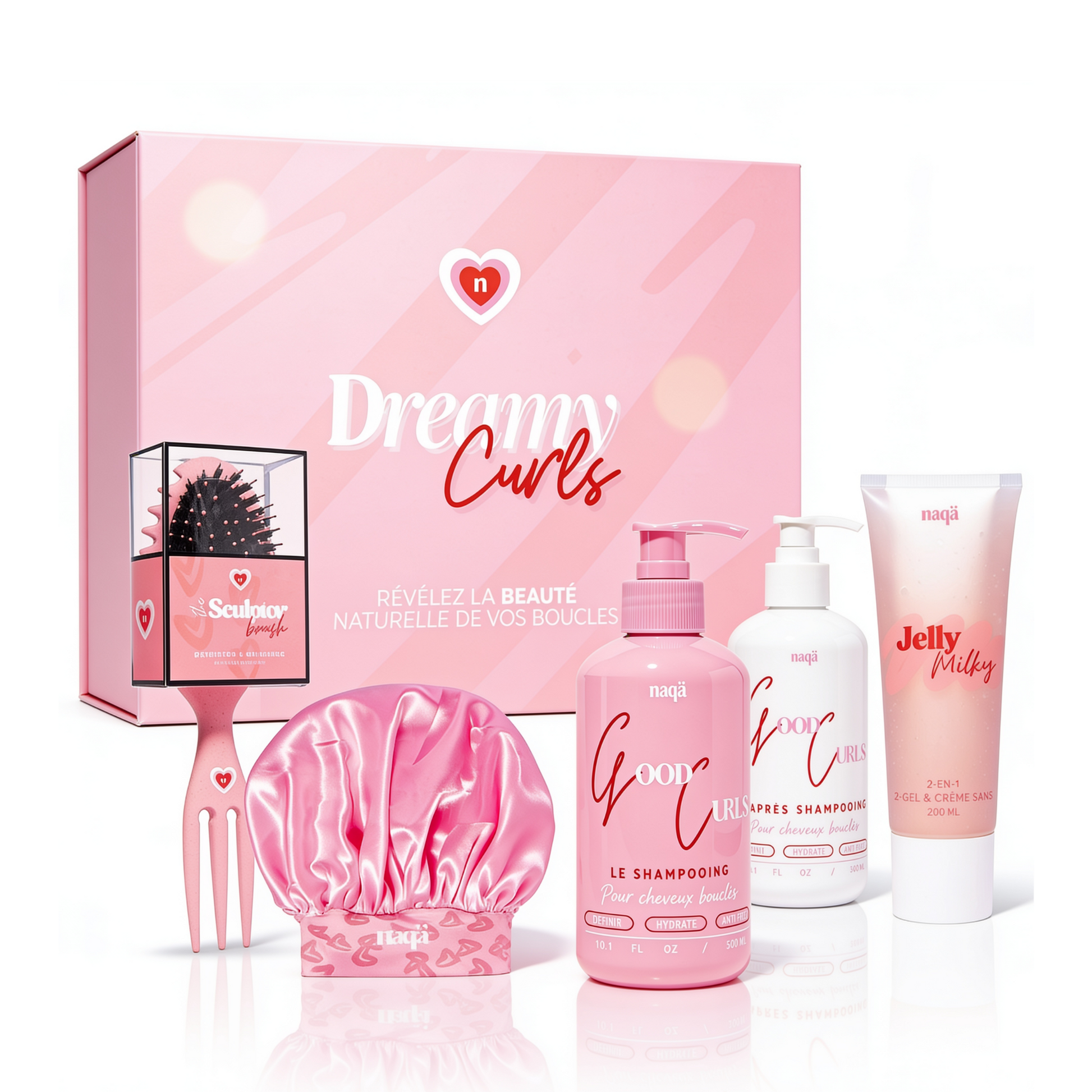 Coffret Dreamy Curls naqä : brosse Sculptor, bonnet en satin, shampooing et après-shampooing Good Curls, soin Jelly Milky