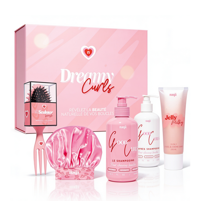 Coffret Dreamy Curls naqä : brosse Sculptor, bonnet en satin, shampooing et après-shampooing Good Curls, soin Jelly Milky