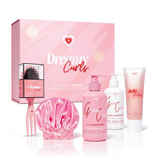 Coffret Dreamy Curls naqä : brosse Sculptor, bonnet en satin, shampooing et après-shampooing Good Curls, soin Jelly Milky