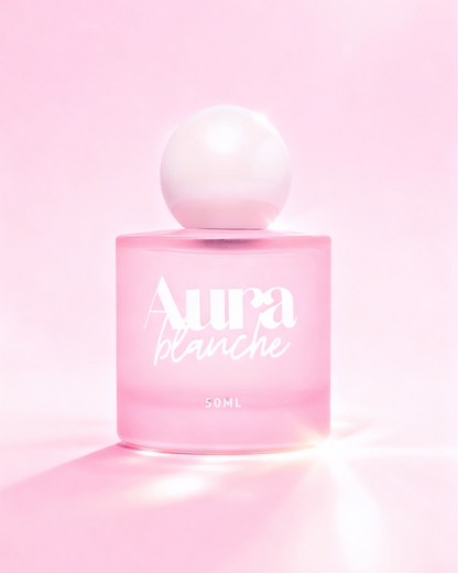 Flacon du parfum cheveux Aura Blanche sur fond rose