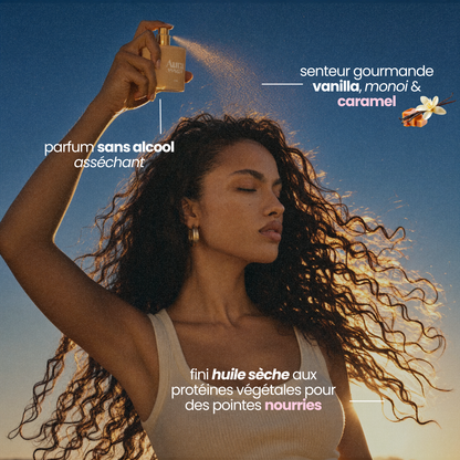 Infographie Aura Vanilla : femme vaporisant le parfum sur ses cheveux bouclés, senteur vanille, monoï et caramel