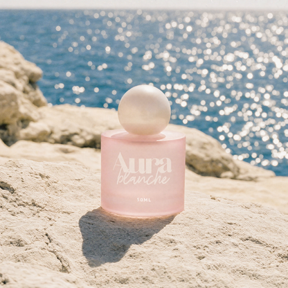 Flacon Aura Blanche posé sur un rocher face à la mer