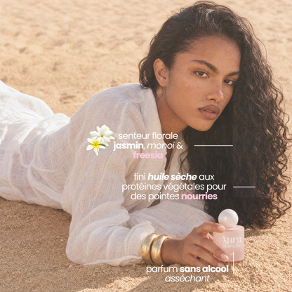 Infographie Aura Blanche : femme aux cheveux bouclés allongée sur le sable, senteur jasmin, monoï et freesia