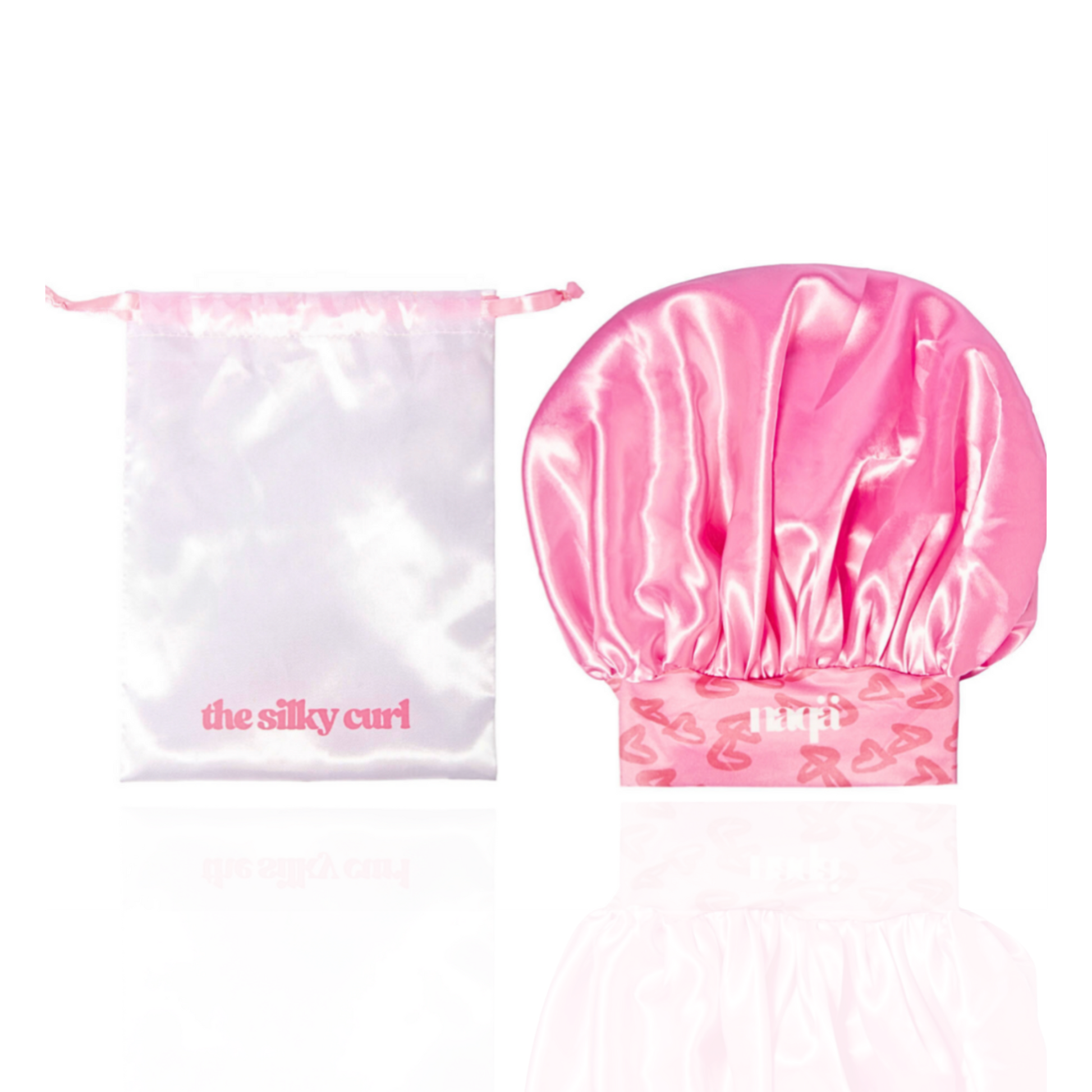 Bonnet de nuit Silky Curl en satin de soie rose avec sa pochette The Silky Curl