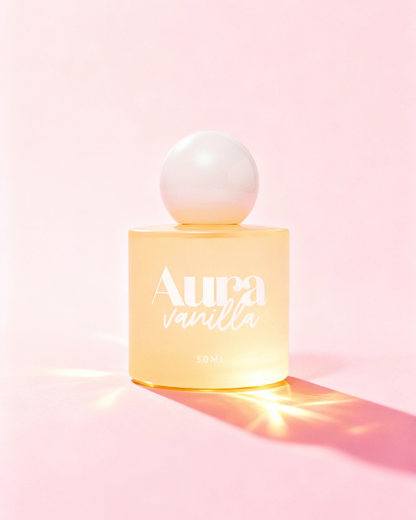 Flacon du parfum cheveux Aura Vanilla sur fond jaune pâle