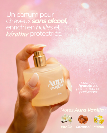 Infographie Aura Vanilla : parfum pour cheveux sans alcool, notes vanille, caramel et monoï