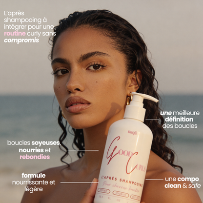 Infographie de l'après-shampooing Good Curls : femme aux cheveux bouclés tenant le flacon blanc à pompe
