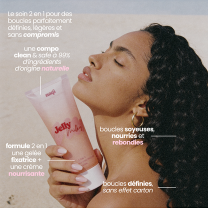 Infographie Jelly Milky : femme tenant le tube du soin 2-en-1 gelée fixatrice et crème nourrissante