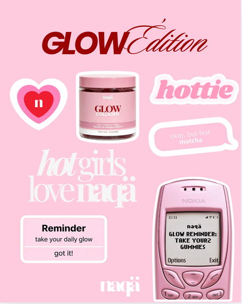 Planche de stickers naqä GLOW Édition rose avec pot GLOW Collagen et téléphone rétro
