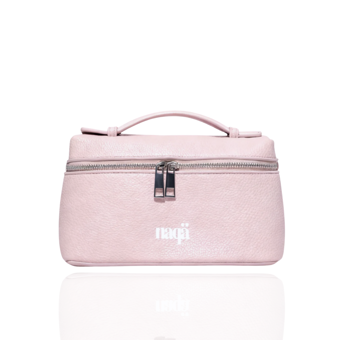Pochette Bloomy Bag rose pâle en cuir grainé avec zip argenté et poignée, logo naqä